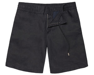 The Orlebar Brown Cornell Linen Short, featuring an elasticated waistband and a partially open zipper fly, is displayed flat on a white background.