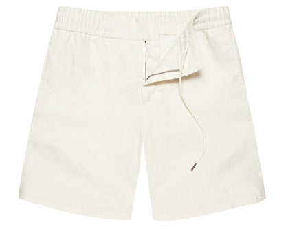 The Orlebar Brown Cornell Linen Short, made from Italian-woven linen with an elastic waistband, zip fly, and relaxed fit, is shown laid flat on a white background.