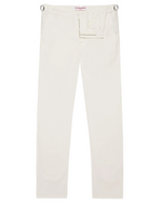 The Orlebar Brown Fallon Stretch-Cotton Pant, in off-white with a tailored fit, adjustable side tabs, and a concealed front closure, is shown laid flat on a white background.