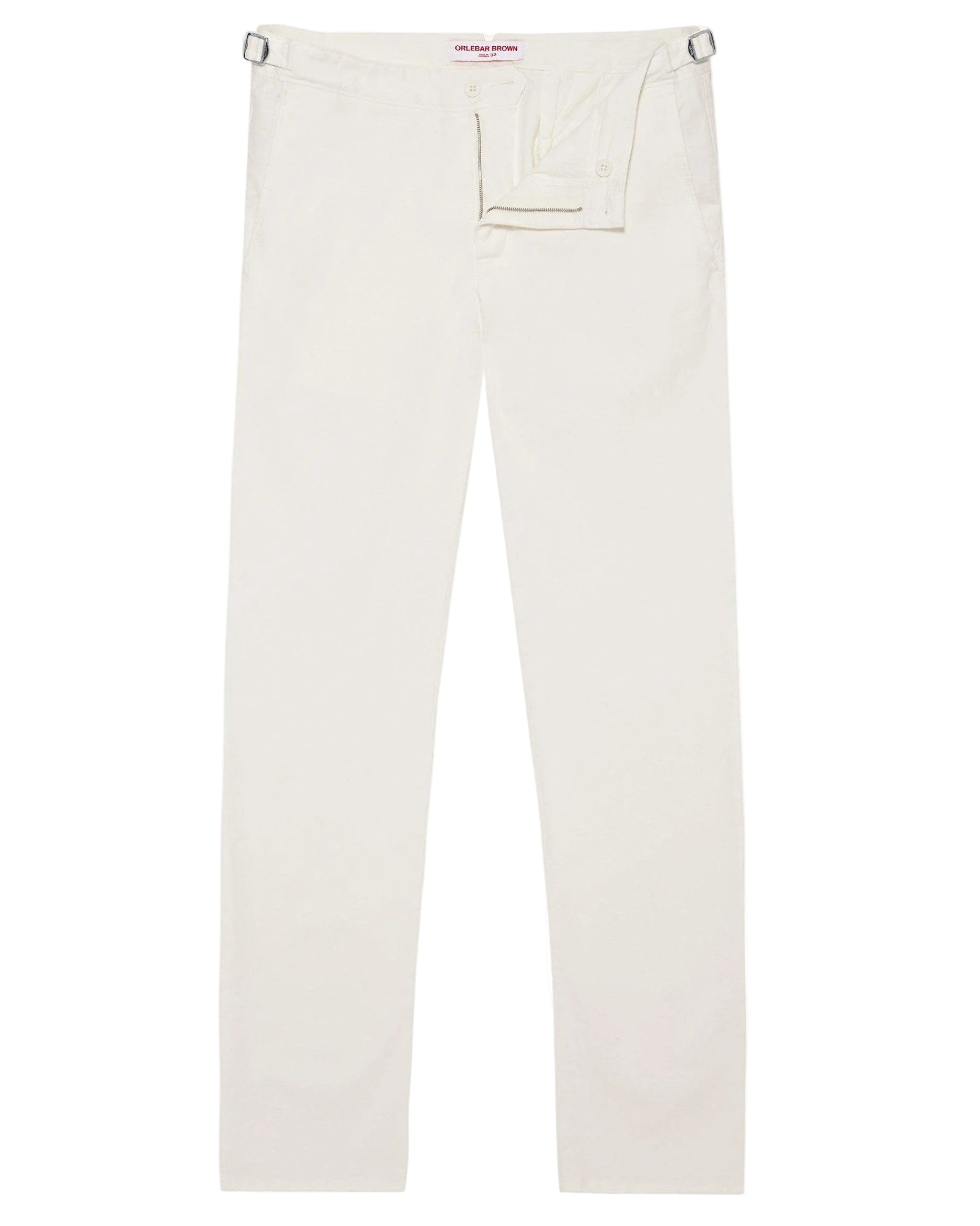 The Orlebar Brown Fallon Stretch-Cotton Pant, in off-white with a tailored fit, adjustable side tabs, and a concealed front closure, is shown laid flat on a white background.