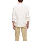 A man faces away from the camera in an Orlebar Brown Giles II Linen Shirt and beige pants—a refined, easy look for warm weather—set against a plain white background.