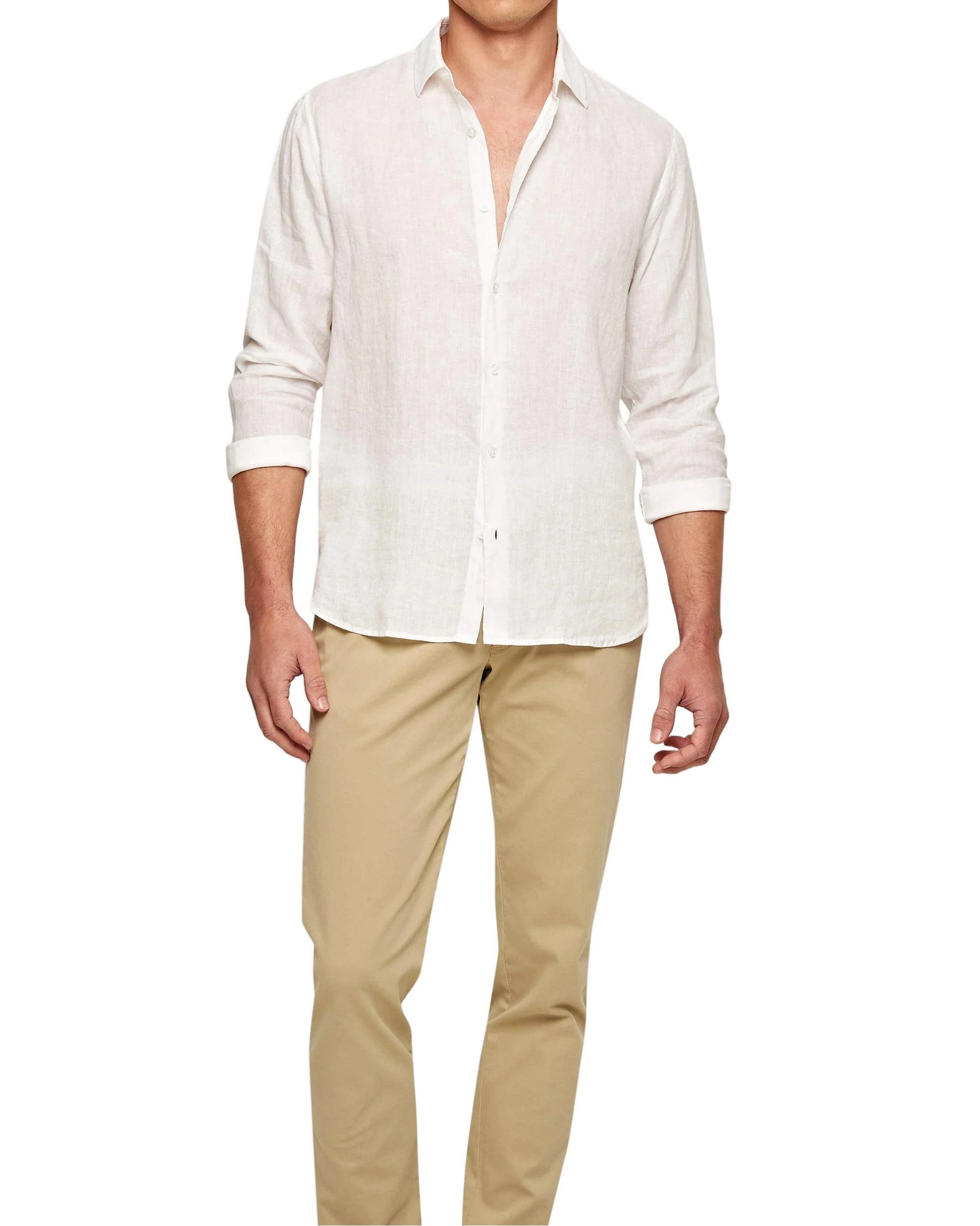 A man wears the Orlebar Brown Giles II Linen Shirt in white with beige pants, standing against a plain white background—an ideal warm-weather outfit.