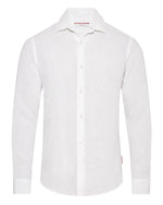 The Orlebar Brown Giles II Linen Shirt is a white men's long-sleeve collared shirt, ideal for warm weather, shown against a plain white background.
