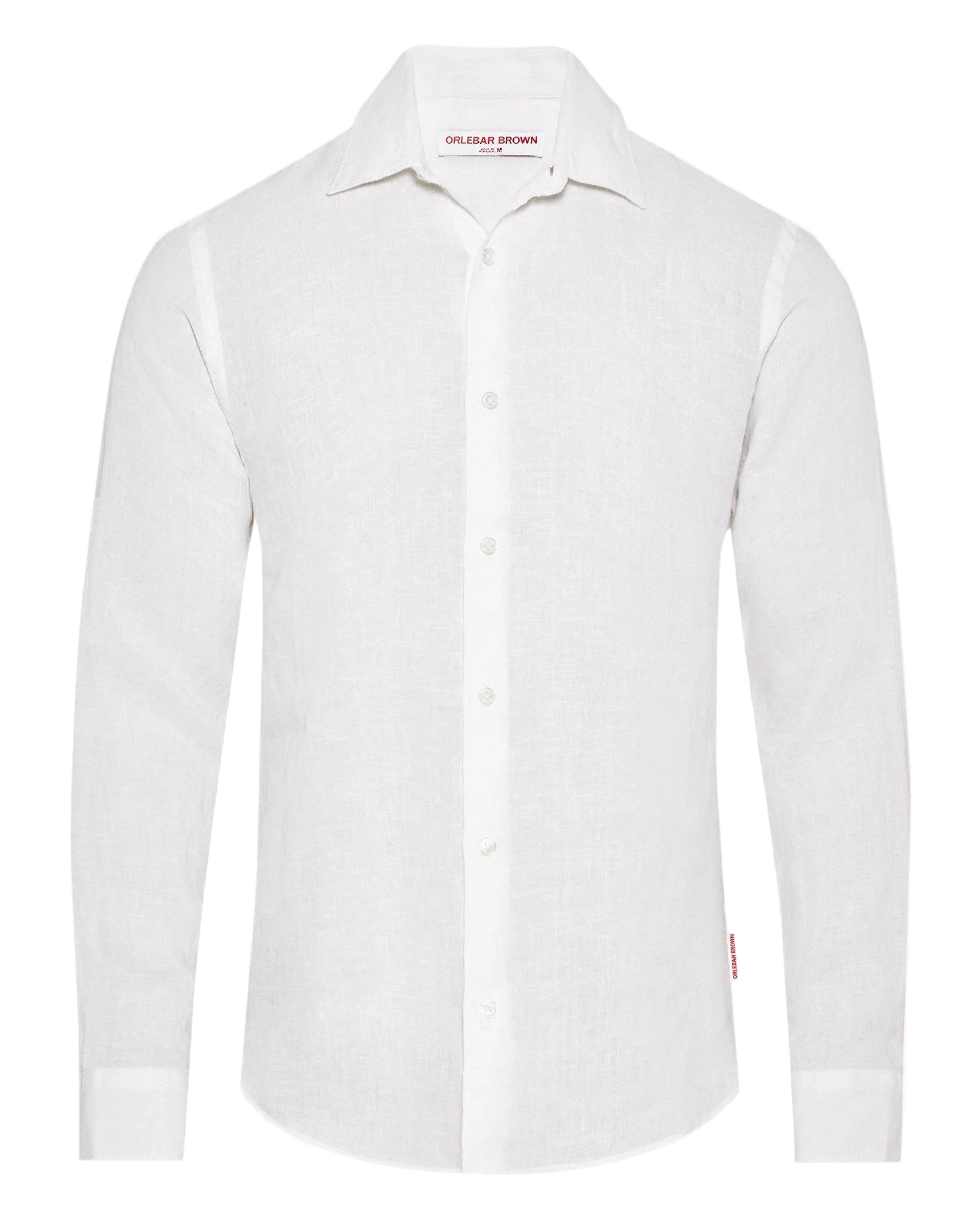 The Orlebar Brown Giles II Linen Shirt is a white men's long-sleeve collared shirt, ideal for warm weather, shown against a plain white background.
