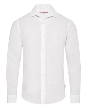 The Orlebar Brown Giles II Linen Shirt is a white men's long-sleeve collared shirt, ideal for warm weather, shown against a plain white background.