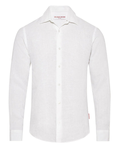 The Orlebar Brown Giles II Linen Shirt is a white men's long-sleeve collared shirt, ideal for warm weather, shown against a plain white background.