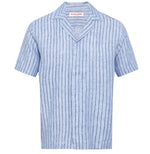 The Orlebar Brown Maitan Lino Stripe Shirt features light blue linen with navy vertical stripes, a Capri collar, short sleeves, and a concealed placket for a modern look. Displayed on a plain white background.