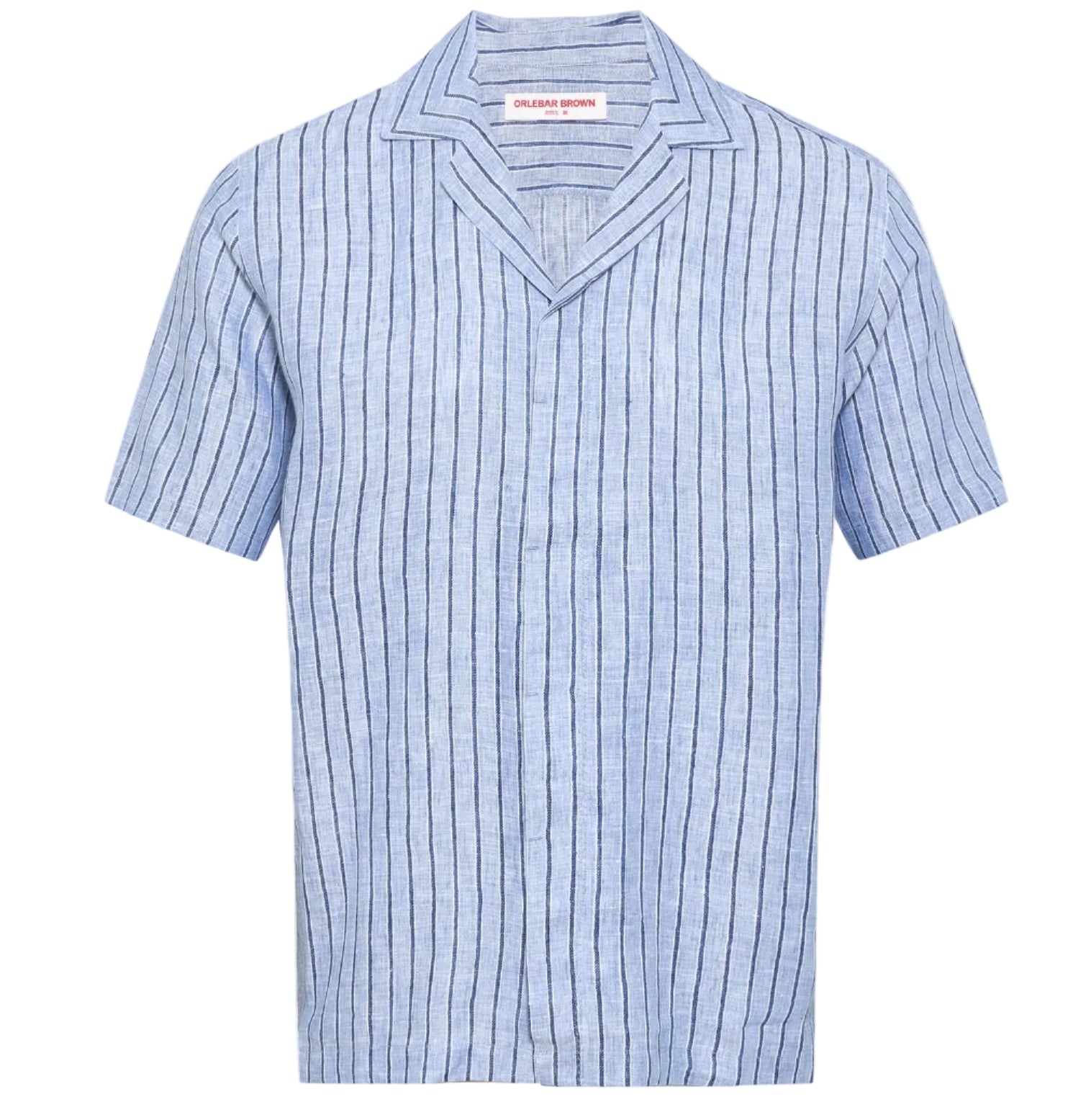 The Orlebar Brown Maitan Lino Stripe Shirt features light blue linen with navy vertical stripes, a Capri collar, short sleeves, and a concealed placket for a modern look. Displayed on a plain white background.