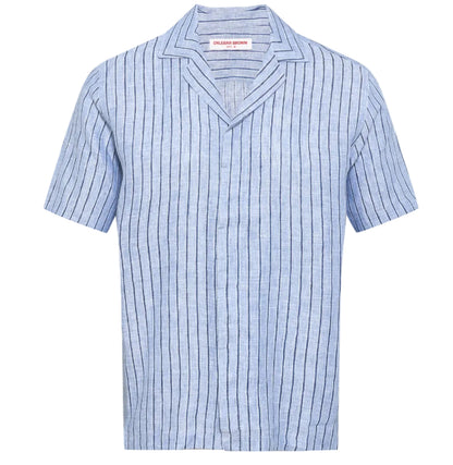 The Orlebar Brown Maitan Lino Stripe Shirt features light blue linen with navy vertical stripes, a Capri collar, short sleeves, and a concealed placket for a modern look. Displayed on a plain white background.