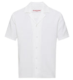 The Orlebar Brown Maitan Open Weave Shirt is a white, short-sleeve shirt with textured fabric and a Capri collar, shown against a plain background.