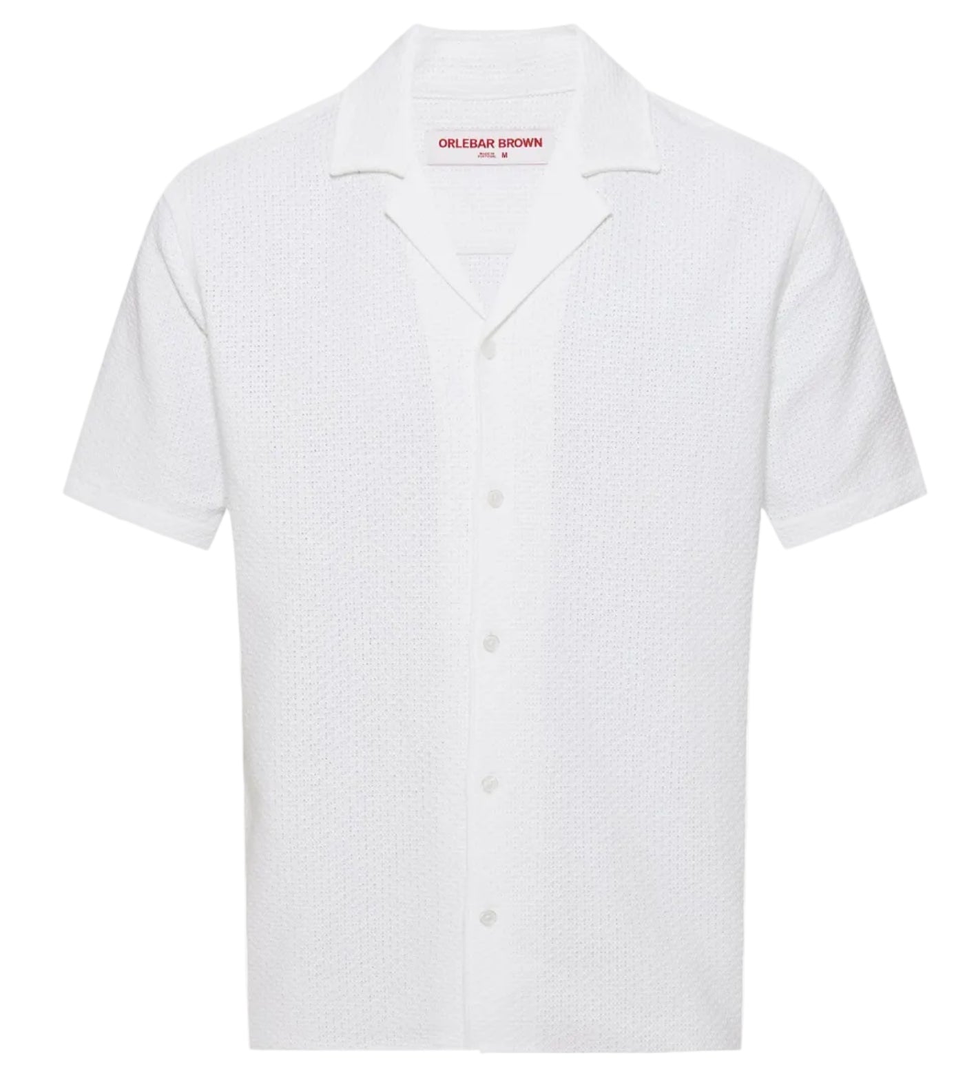 The Orlebar Brown Maitan Open Weave Shirt is a white, short-sleeve shirt with textured fabric and a Capri collar, shown against a plain background.