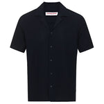 The Orlebar Brown Maitan Seersucker Woven Shirt is a short-sleeve, black Italian cotton shirt with a Capri collar, shown against a white background.