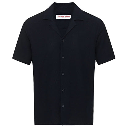 The Orlebar Brown Maitan Seersucker Woven Shirt is a short-sleeve, black Italian cotton shirt with a Capri collar, shown against a white background.