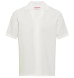 The Orlebar Brown Maitan Seersucker Woven Shirt is a white, relaxed-fit cotton shirt with short sleeves, a Capri collar, and a subtle textured pattern, shown against a plain background.