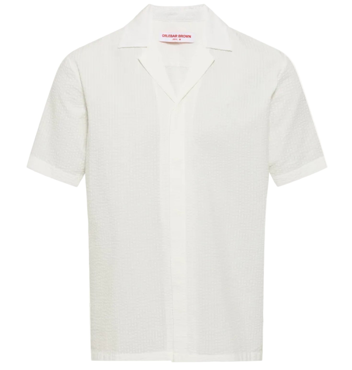The Orlebar Brown Maitan Seersucker Woven Shirt is a white, relaxed-fit cotton shirt with short sleeves, a Capri collar, and a subtle textured pattern, shown against a plain background.
