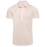 The Orlebar Brown Sebastian Linen Polo is a light pink, short-sleeve shirt crafted from breathable linen jersey with a tailored fit, classic collar, and three-button placket, shown against a plain white background.