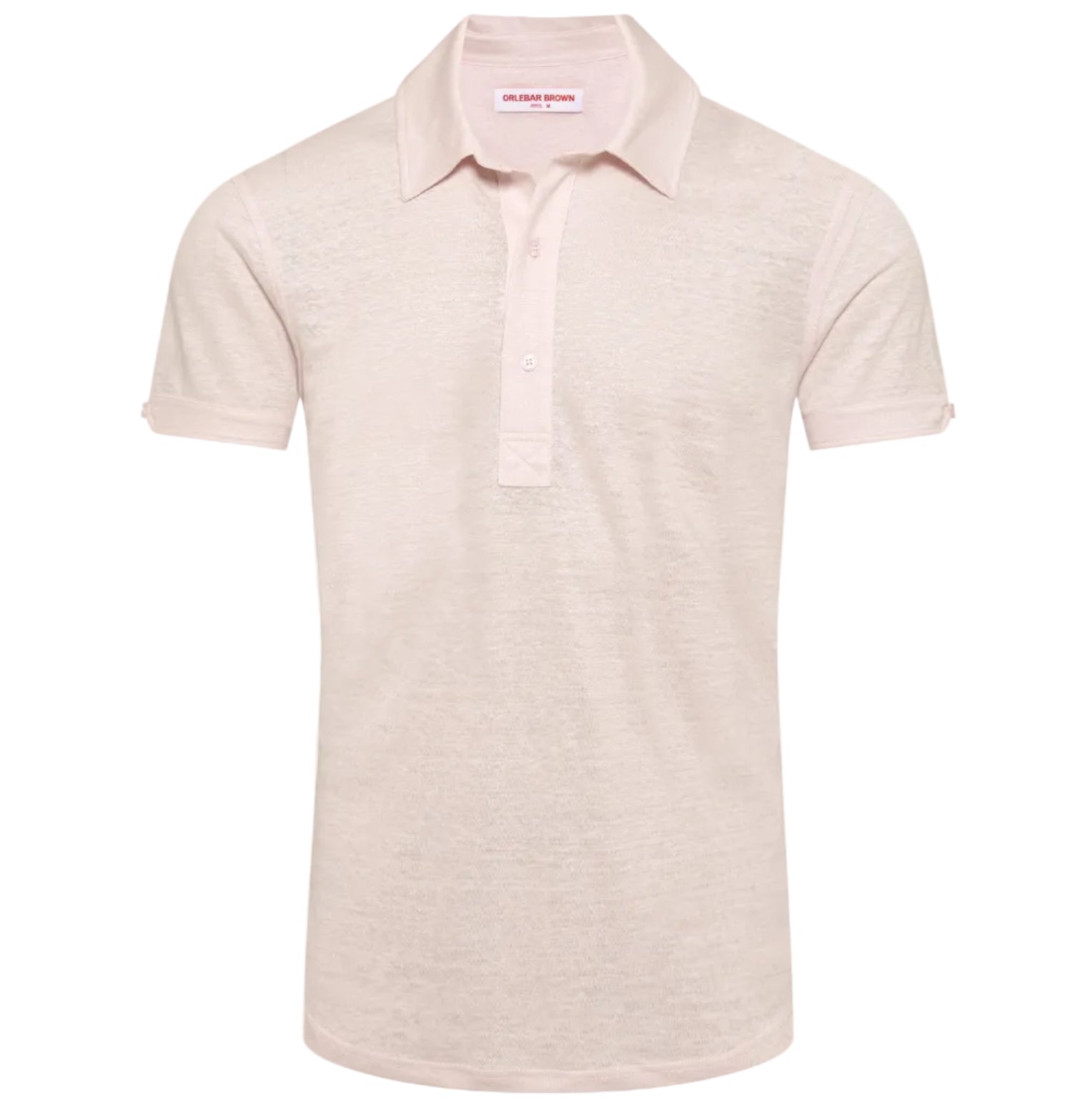The Orlebar Brown Sebastian Linen Polo is a light pink, short-sleeve shirt crafted from breathable linen jersey with a tailored fit, classic collar, and three-button placket, shown against a plain white background.