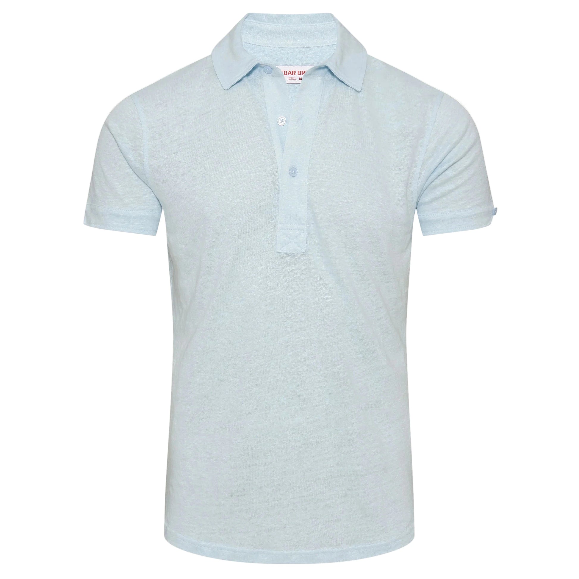 The Orlebar Brown Sebastian Linen Polo, shown on a plain white background, features a light blue color, tailored fit, short sleeves, a collar, and a three-button placket.