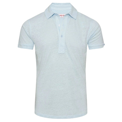 The Orlebar Brown Sebastian Linen Polo, shown on a plain white background, features a light blue color, tailored fit, short sleeves, a collar, and a three-button placket.