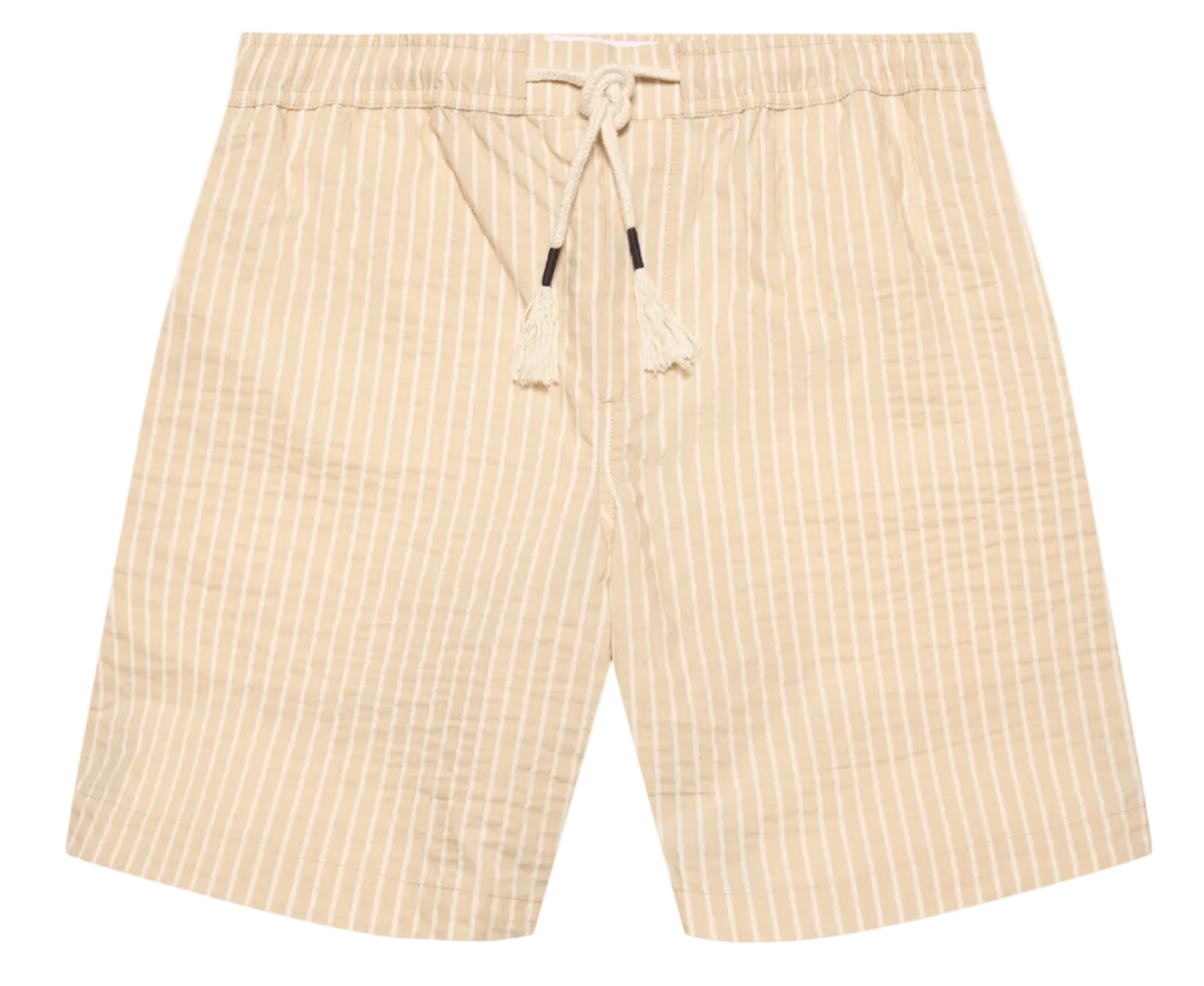 The Orlebar Brown Sonoran Short Seersucker Stripe features beige and white vertical stripes, an elasticated waistband with drawstring, and side pockets, shown laid flat against a white background.