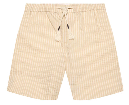 The Orlebar Brown Sonoran Short Seersucker Stripe features beige and white vertical stripes, an elasticated waistband with drawstring, and side pockets, shown laid flat against a white background.
