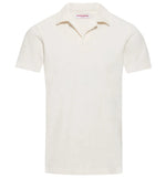 The Orlebar Brown Terry Resort Polo is a short-sleeve, off-white organic cotton polo with a collar and no buttons, shown on a white background.