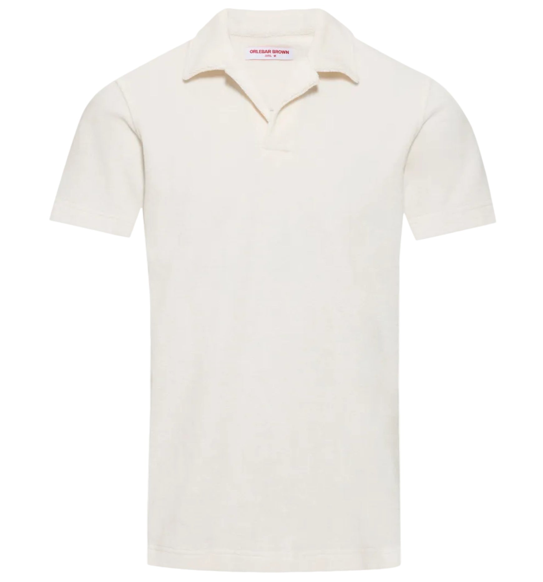 The Orlebar Brown Terry Resort Polo is a short-sleeve, off-white organic cotton polo with a collar and no buttons, shown on a white background.