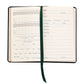 The On the Green Leather Book by Graphic Image, equipped with a green ribbon bookmark, features a grid for recording scores and spaces for course details on the right page. This compact book offers an ideal gift for golfers, combining functionality with elegance throughout its pages.