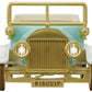 Front view of the Calico Critters Classic Family Car, showcasing a gold grille, mint green body, white fenders, brown wheels, and a license plate that reads “B15CU1T.” This detailed design features toy car accessories like a 10-figure seat for extra play value.