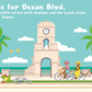 Animated scene of children's tour biking and relaxing on P is for Palm Beach boulevard with a prominent stone clock tower in the background by PBJB LLC.