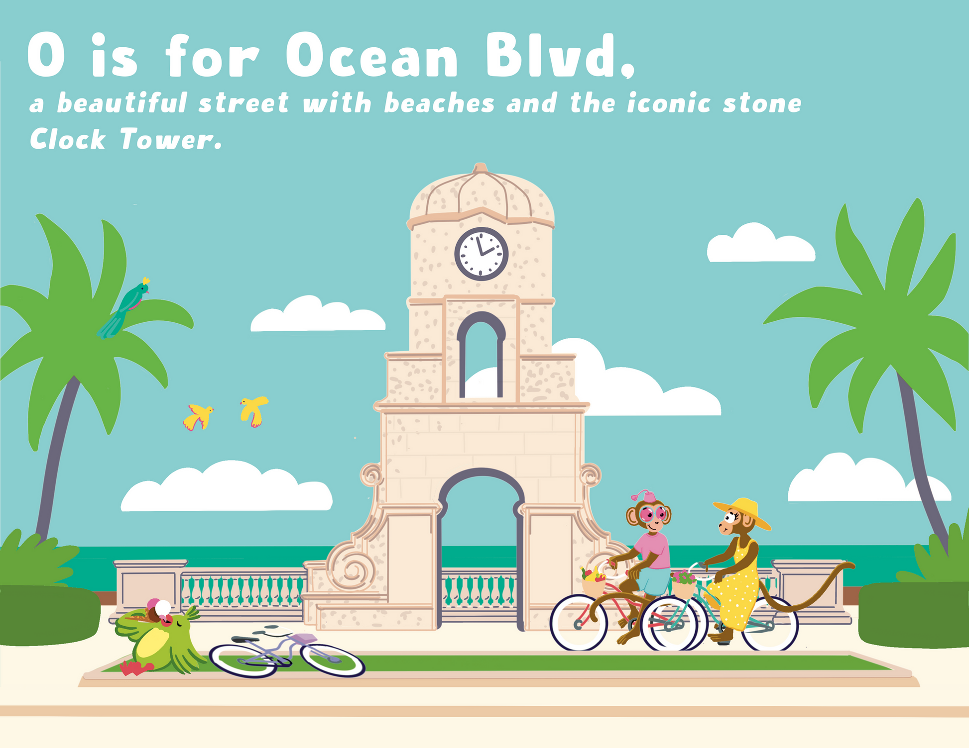 Animated scene of children's tour biking and relaxing on P is for Palm Beach boulevard with a prominent stone clock tower in the background by PBJB LLC.