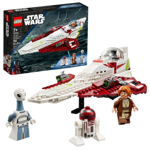 The LEGO® Star Wars Obi-Wan Kenobi’s Jedi Starfighter™ set features a white and red starfighter, three minifigures—a pilot, droid, and alien—and the product box in the background.