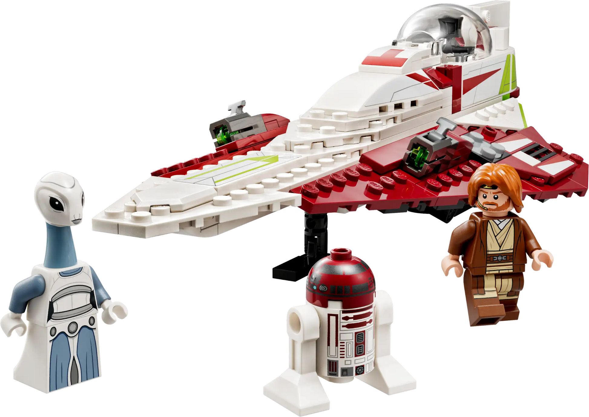 The LEGO® Star Wars Obi-Wan Kenobi’s Jedi Starfighter™ set includes a white and red starfighter, Obi-Wan minifigure with a lightsaber hilt, a Kaminoan figure, and an astromech droid.