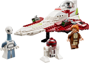 The LEGO® Star Wars Obi-Wan Kenobi’s Jedi Starfighter™ set includes a white and red starfighter, Obi-Wan minifigure with a lightsaber hilt, a Kaminoan figure, and an astromech droid.