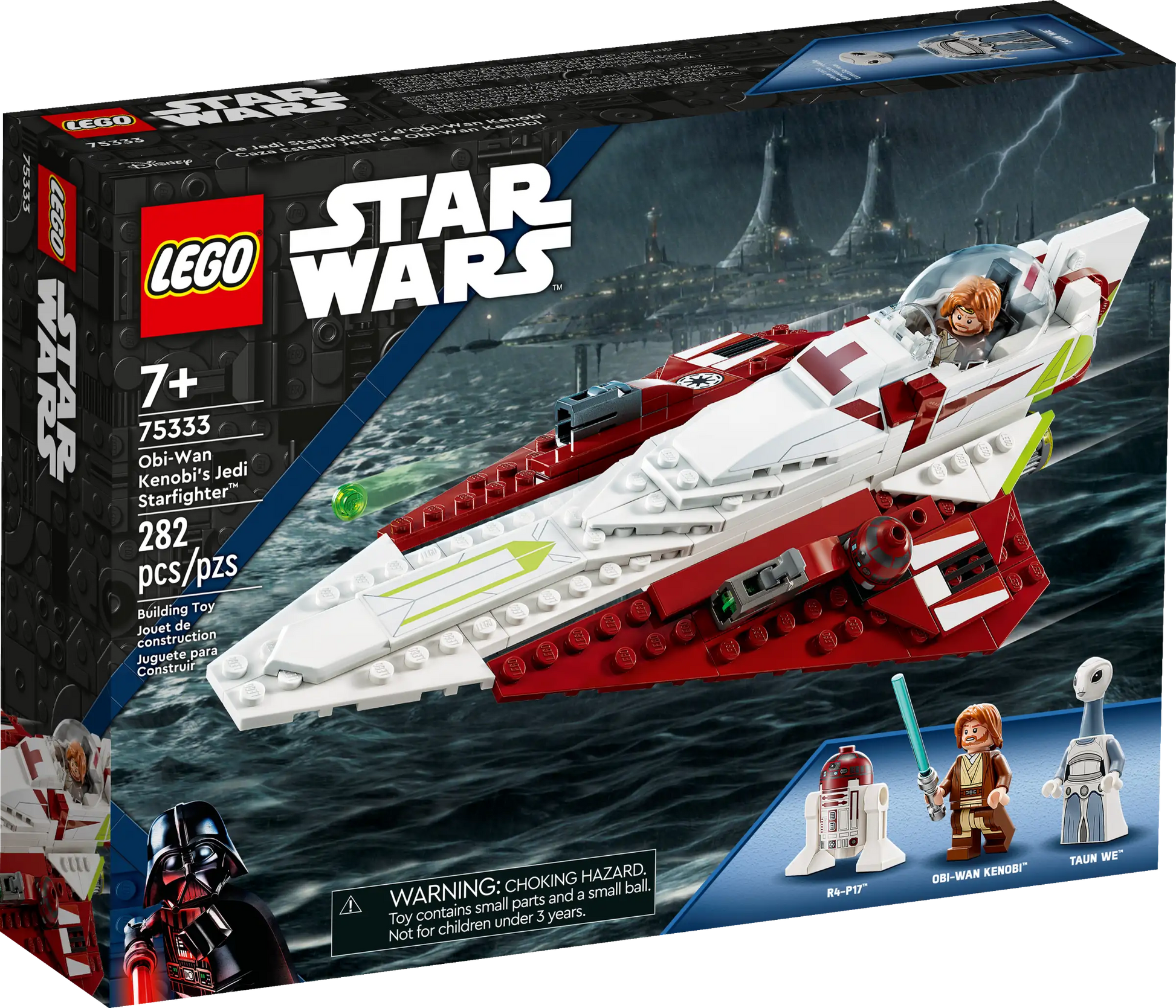 The LEGO® Star Wars Obi-Wan Kenobi’s Jedi Starfighter™ set features 282 pieces, is designed for ages 7+, and includes three minifigures—ideal for exciting Star Wars adventures.