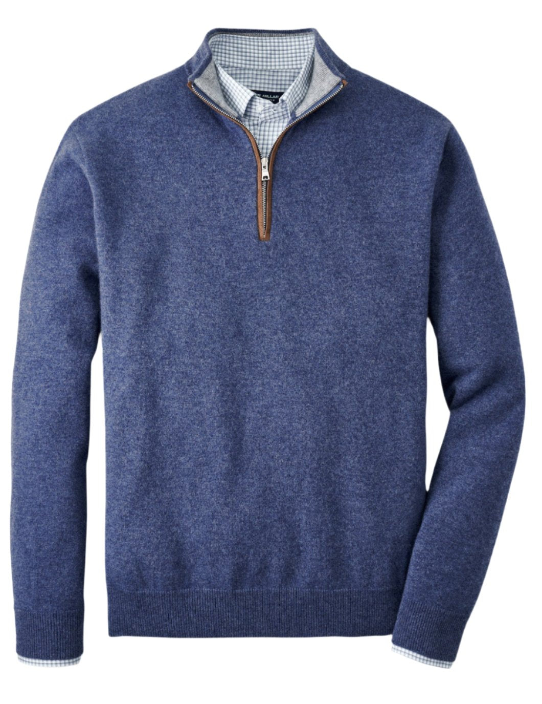 The Peter Millar Artisan Crafted Cashmere Flex Quarter-Zip in blue, layered over a blue and white checkered button-down shirt, offers a perfect men's tailored fit.