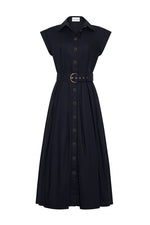 The Octavia Dress by Cara Cara is a sleeveless black belted shirtdress with a collared, button-down front and flared midi skirt—a classic fit-and-flare style for versatile looks.