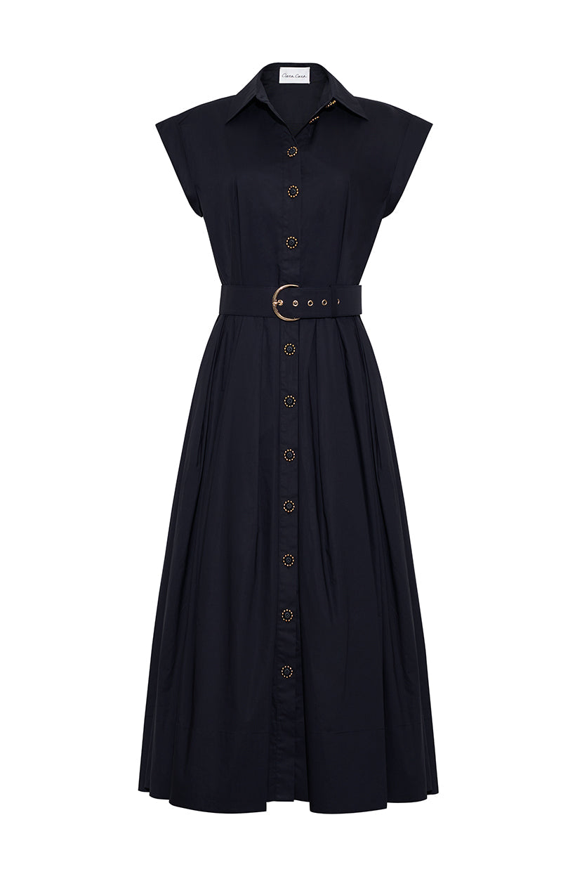 The Octavia Dress by Cara Cara is a sleeveless black belted shirtdress with a collared, button-down front and flared midi skirt—a classic fit-and-flare style for versatile looks.