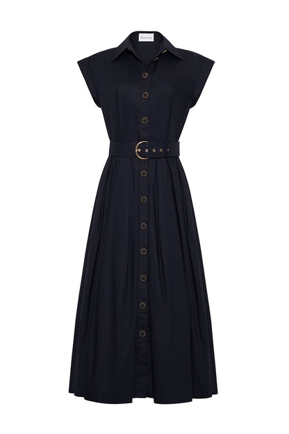 The Octavia Dress by Cara Cara is a sleeveless black belted shirtdress with a collared, button-down front and flared midi skirt—a classic fit-and-flare style for versatile looks.