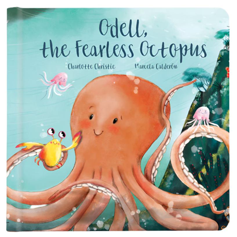 The cover of "Jellycat The Fearless Octopus Book" features a brave octopus amidst sea creatures against a lively coral backdrop, aiming to inspire young readers.