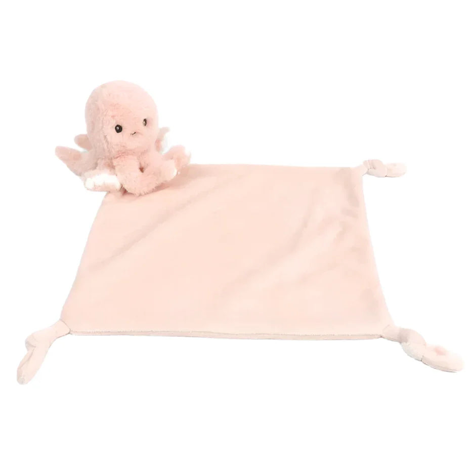 Introducing the Mon Ami Odessa The Octopus Knotted Security Blankie, a charming plush animal blanket by Mon Ami that showcases a gentle pink octopus toy intricately attached to a coordinating square baby security blanket with knotted corners.