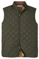 A front view of the Peter Millar Essex Quilted Travel Vest in green, showcasing its high collar, brown lining, fleece-lined interior, front pockets, and diamond-shaped stitch pattern.