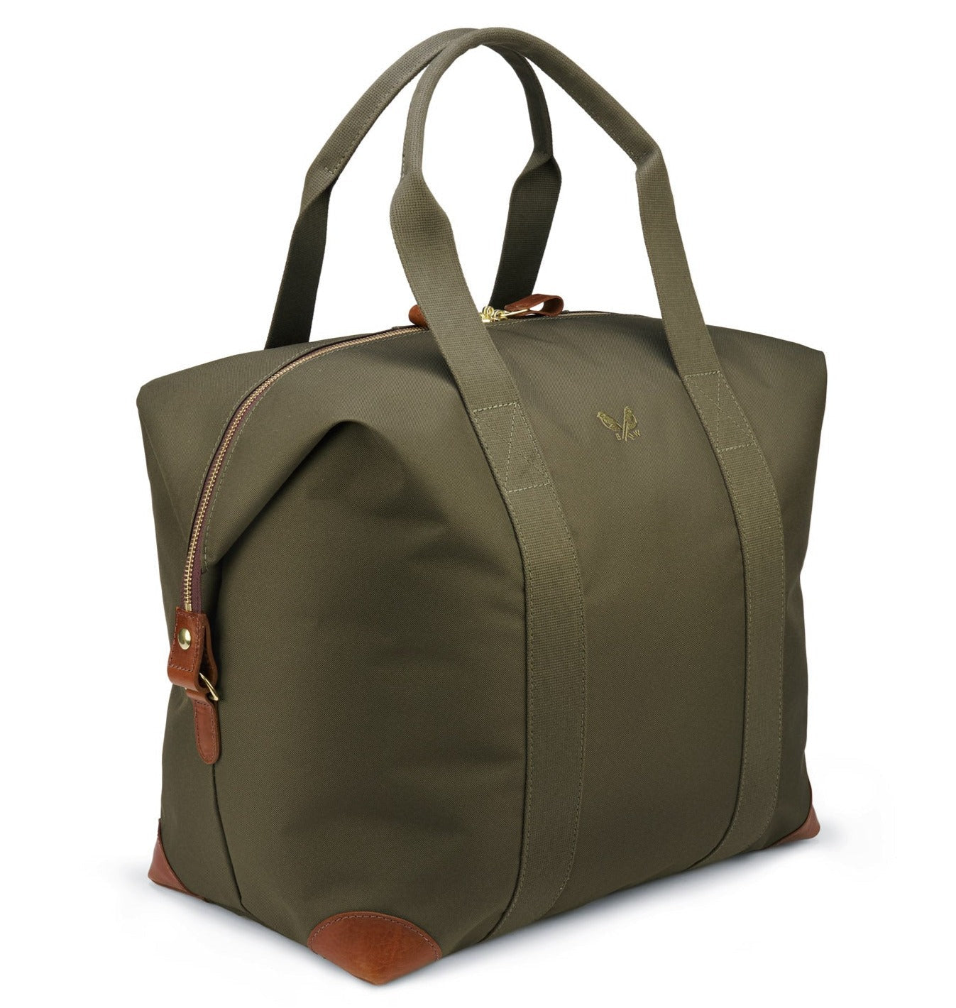 Introducing the Bennett Winch Medium Cargo, an elegant tote bag in olive green, expertly crafted from waterproof nylon featuring leather accents on the corners and handles. It boasts a zipper closure and subtle embroidery on the front, complemented by a convenient removable pouch.