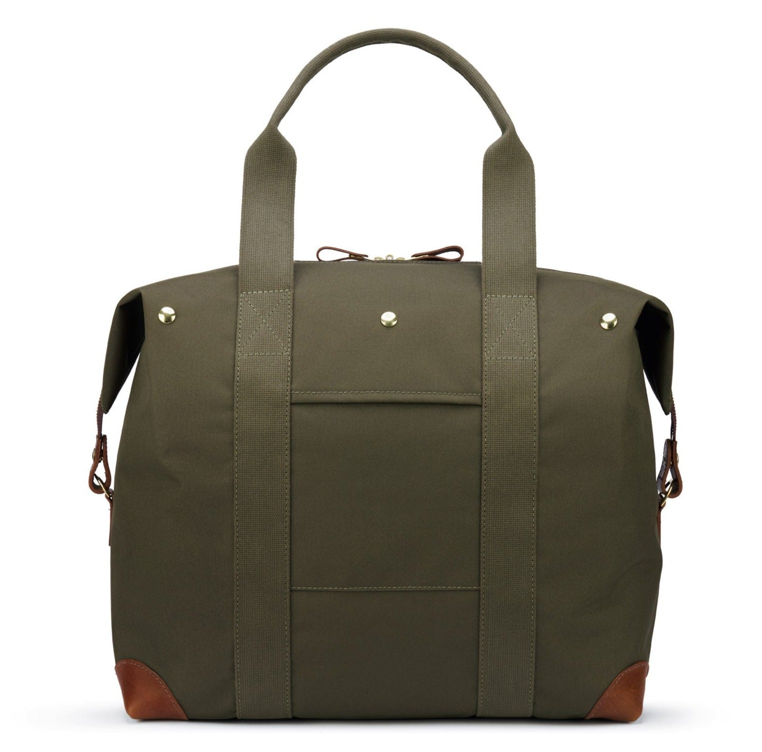 The Bennett Winch Medium Cargo from Bennett Winch is a green tote made from waterproof nylon, featuring brown leather accents and metal rivets. It includes two robust handles, a handy front pocket, and includes a removable pouch for added versatility.