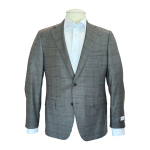 The Olive Cranberry Plaid Bennet Blazer by Samuelsohn is displayed with a white dress shirt on a headless mannequin against a white background, highlighting refined luxury menswear.