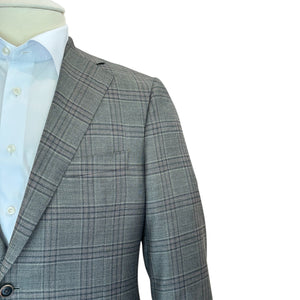 A close-up of a mannequin wearing the Olive Cranberry Plaid Bennet Blazer by Samuelsohn over a white dress shirt, set against a plain white background.