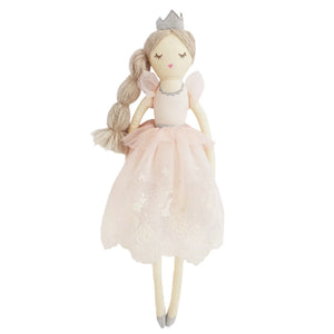 Introducing the MON AMI Princess Olivia Doll by Mon Ami: A beautifully crafted cloth princess doll featuring a silver crown, long braided hair, and a pink dress embellished with lace details and silver shoes. Ideal as a keepsake gift or as an enchanting addition to room decor.