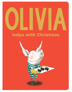 The cover of Simon & Schuster's board book edition of "Olivia Helps with Christmas" showcases Olivia, the lovable pig, wearing green striped pajamas and holding a tray against a festive red background.