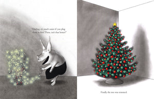 Olivia, the pig, was adorning a small tree with lights and suggesting her friends plug them in first. Next to her was a beautifully decorated Christmas tree crowned with a gleaming star. Text: "Finally the tree was trimmed." Enjoy this festive moment in the board book edition of "Olivia Helps with Christmas" by Simon & Schuster.