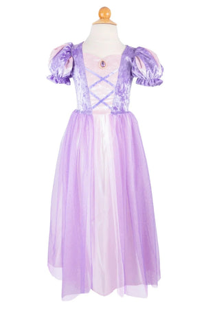 The Velvety Soft Princess Gown by Great Pretenders features puffed short sleeves, a crisscross bodice, and a sheer overlay—making it the perfect lavender and pink dress for any fairy tale or magical occasion.